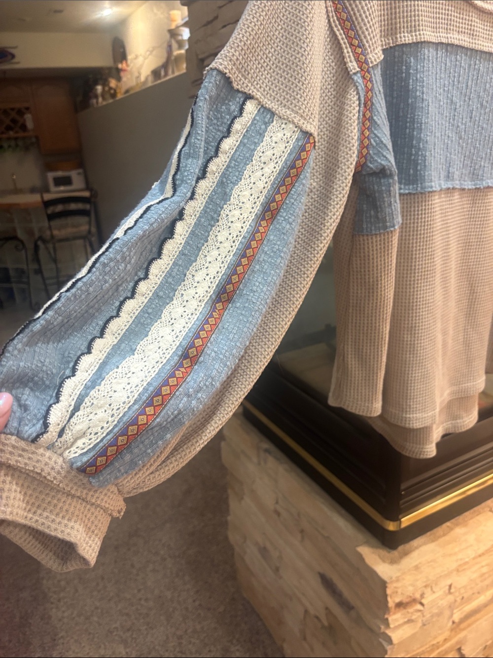 NEW POL Beige and Blue Colorblock Waffle Knit Pullover - Picture 2 of 7